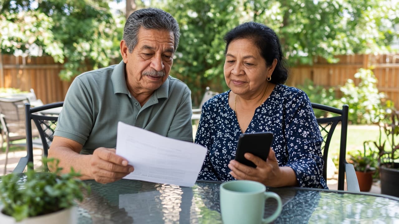 An older couple reviewing a bill and a phone at a patio table